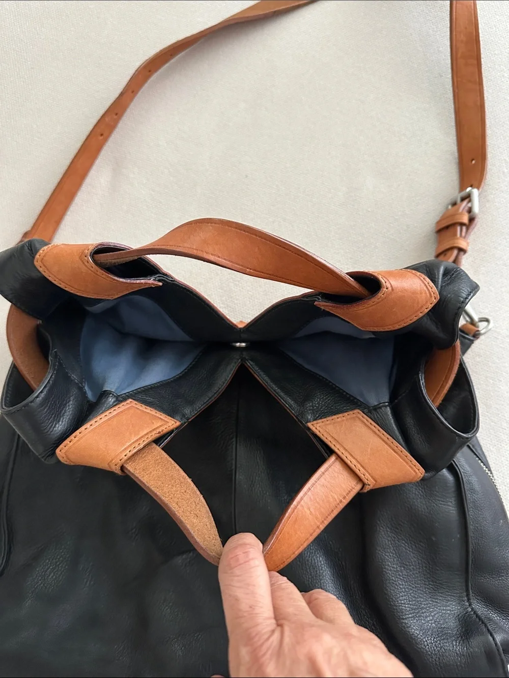 CHRISTOPHER KON BLACK AND CAMEL LEATHER CROSSBODY BAG